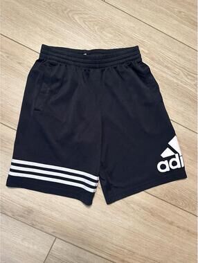 adidas Black Athletic Shorts Size M 10/12 with White Logo and Triple Stripe